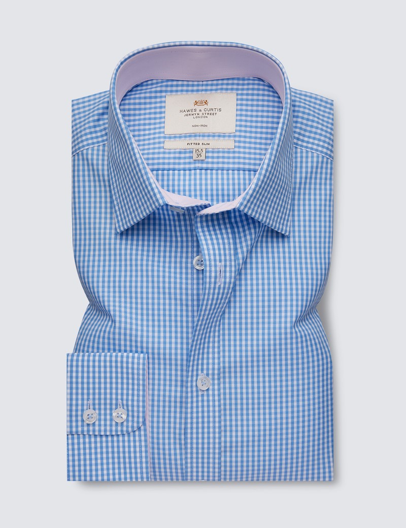 Non Iron Blue & White Check Fitted Slim Shirt with Contrast Detail - Single Cuffs