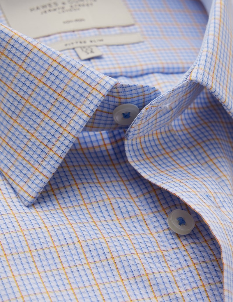 Non Iron Blue & Yellow Multi Check Fitted Slim Shirt With Contrast Detail - Single Cuffs