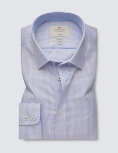 Non Iron Blue & Yellow Multi Check Fitted Slim Shirt With Contrast Detail - Single Cuffs