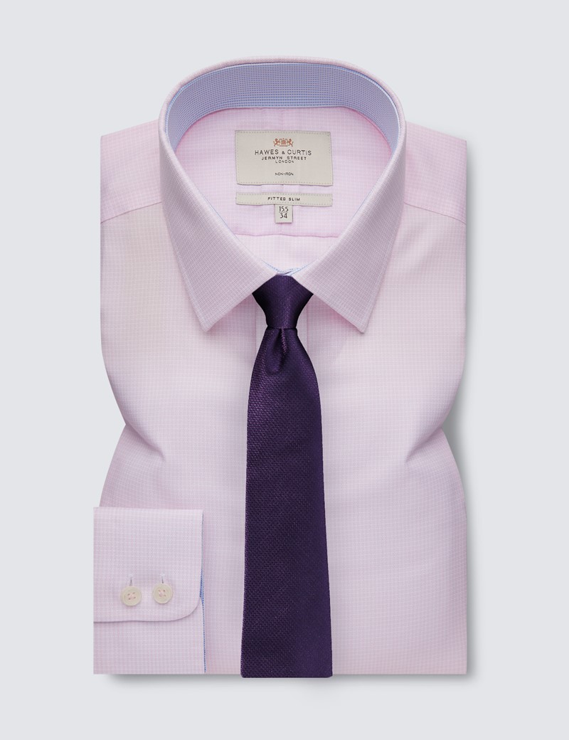 Non Iron Pink Fabric Interest Fitted Slim Shirt With Contrast Detail - Single Cuffs