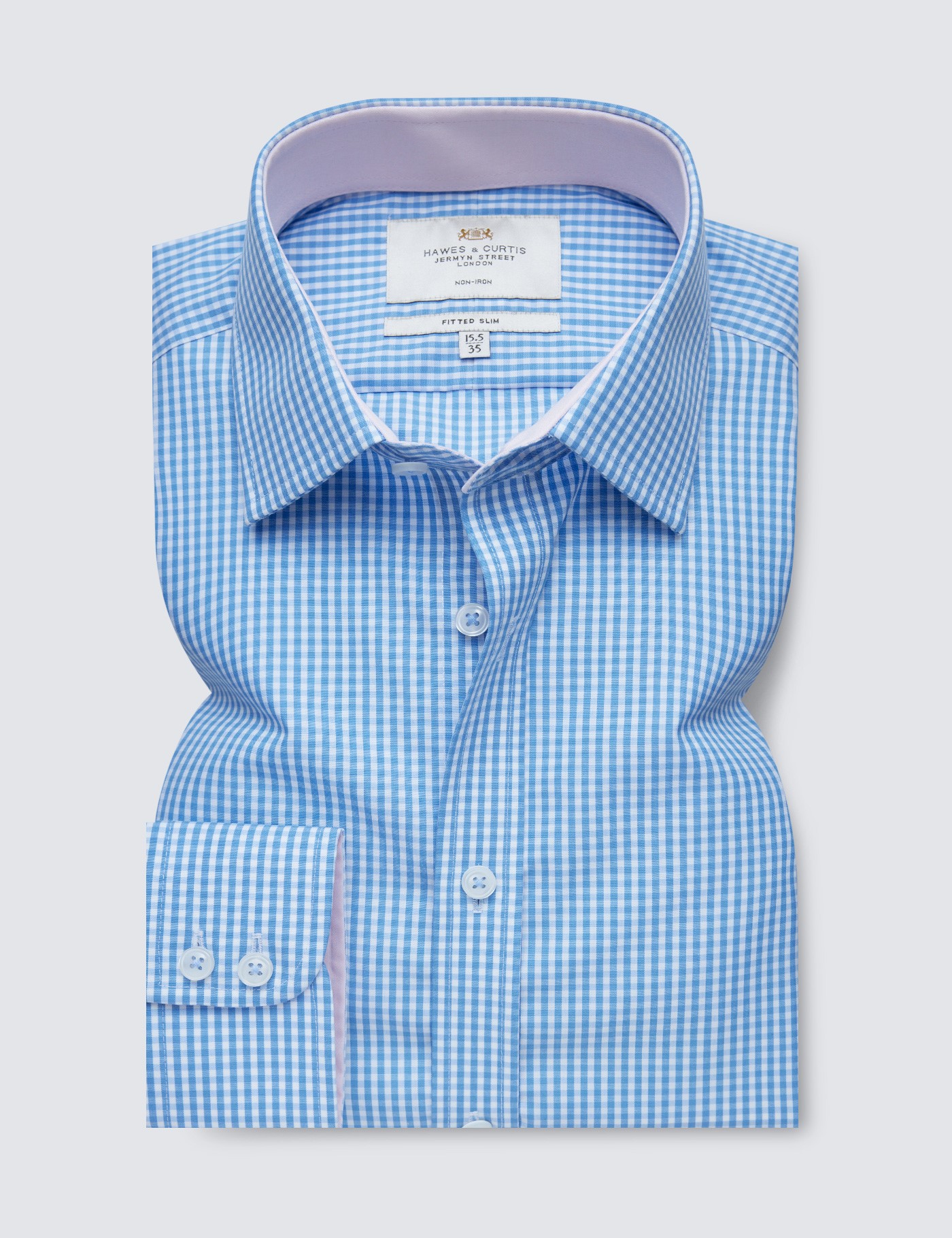 Non-Iron Blue & White Gingham Check Fitted Slim Shirt With Contrast ...