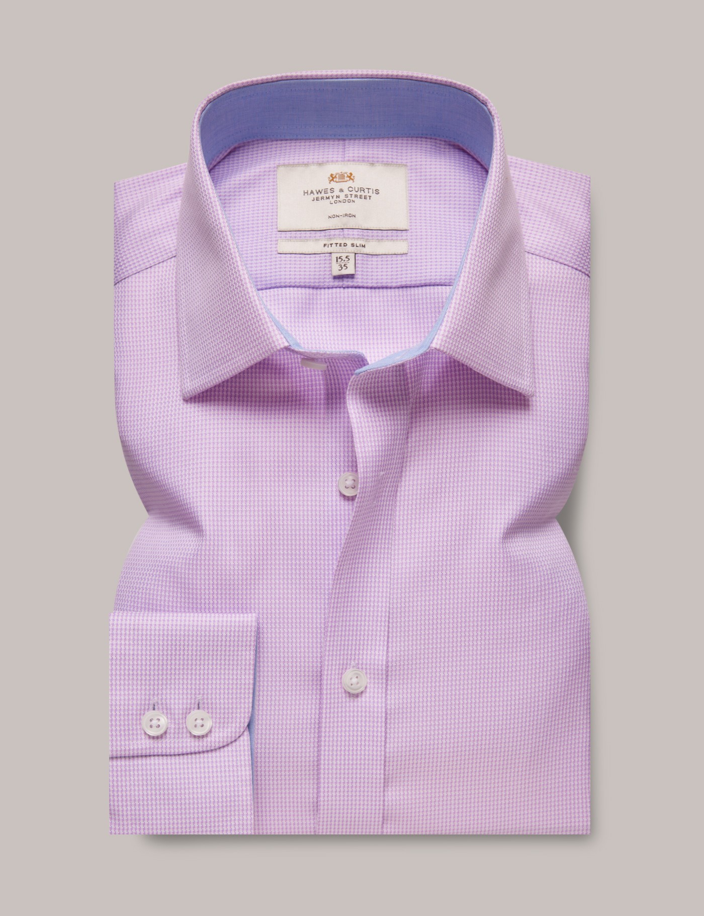 Men's NonIron Lilac & White Dogtooth Fitted Slim Shirt With Contrast