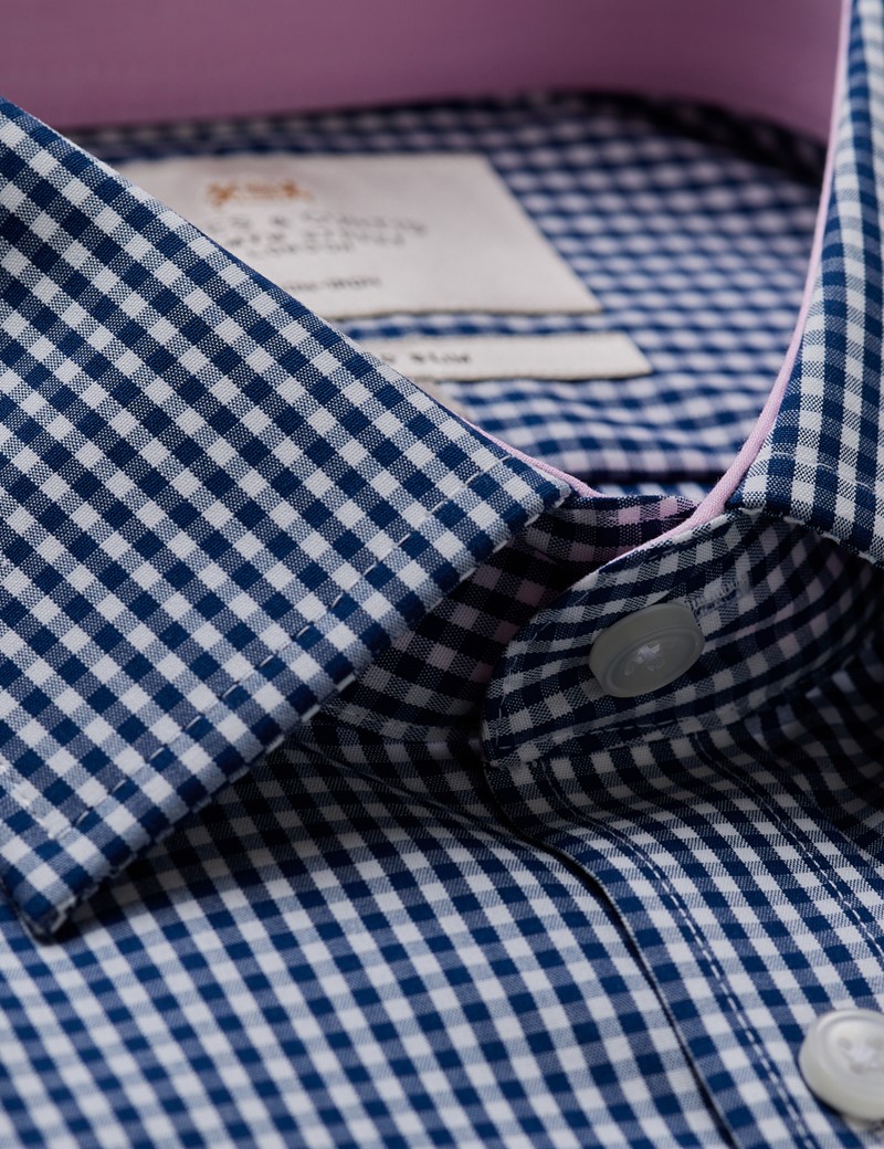Men's Non-Iron Navy & White Gingham Check Fitted Slim Shirt With ...