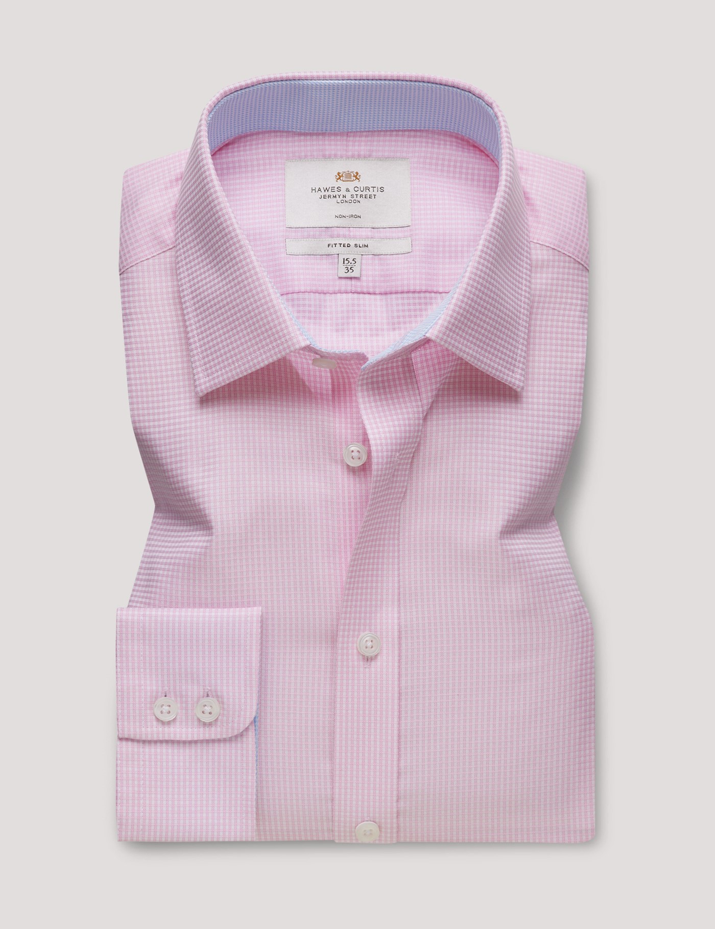 Hawes & Curtis Fitted Slim Pink & White Small Check Non-Iron Shirt | Contrast Detail Size: 16" collar, 36" sleeve image 2