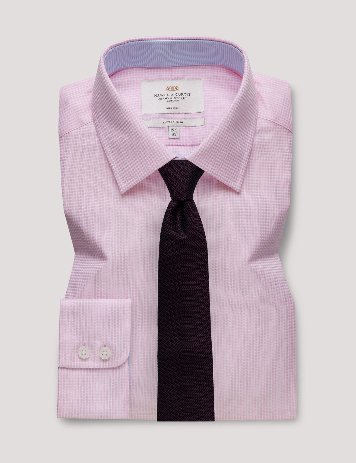 Hawes & Curtis Fitted Slim Pink & White Small Check Non-Iron Shirt | Contrast Detail Size: 16" collar, 36" sleeve image 3
