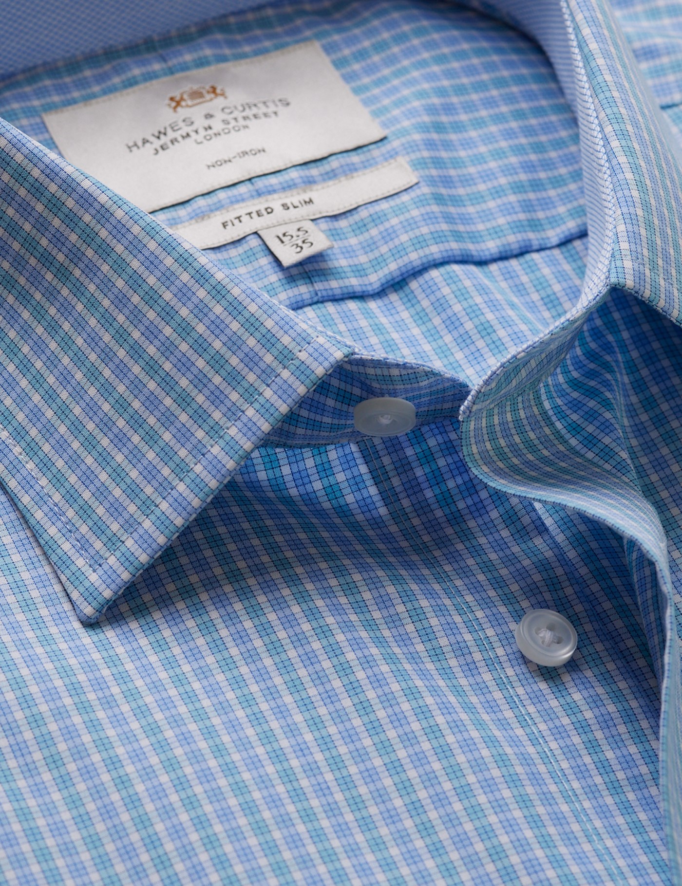 Hawes & Curtis Fitted Slim Blue & Turquoise Check Non-Iron Shirt | Contrast Detail Size: 16.5" collar, 36" sleeve
