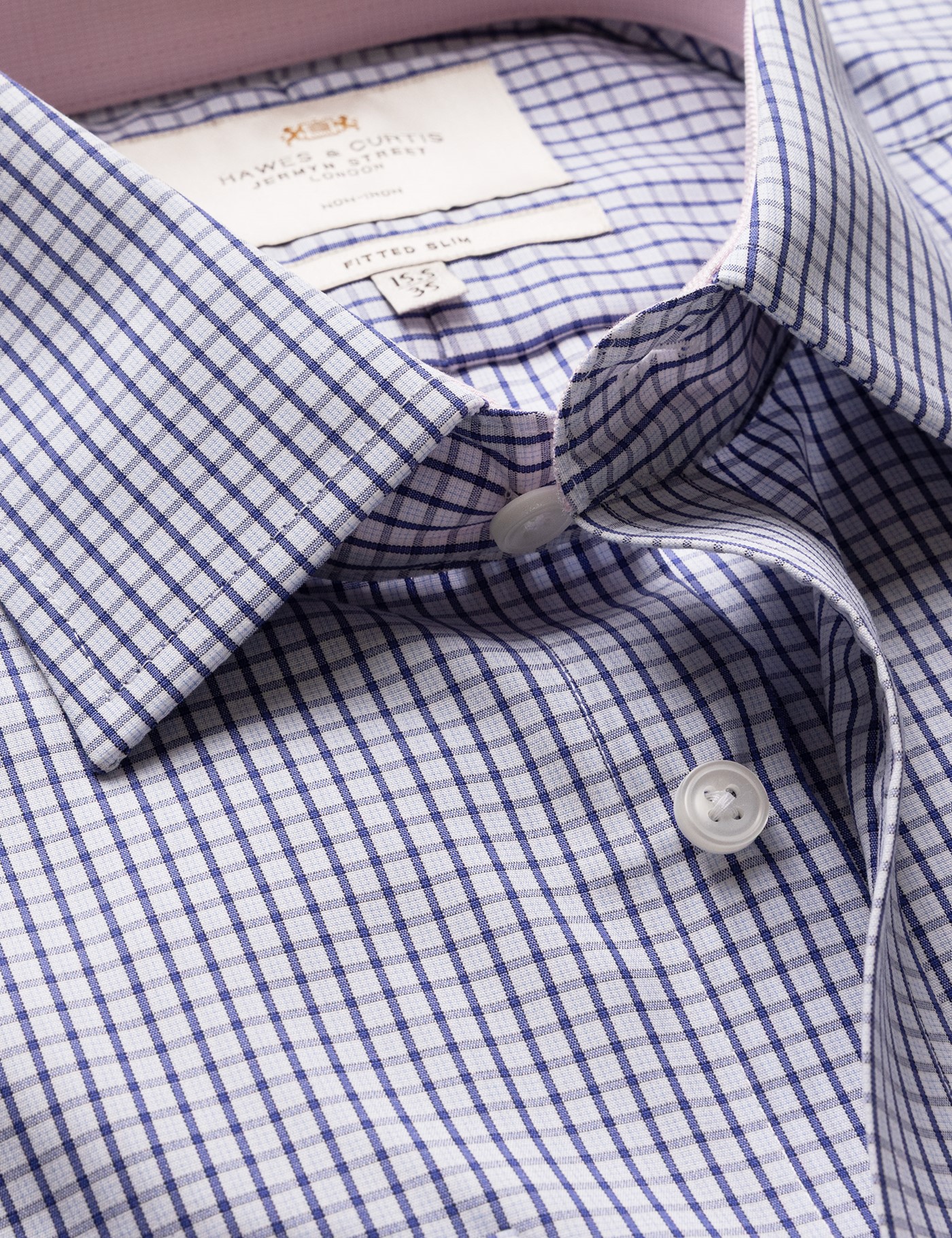 Hawes & Curtis Fitted Slim Navy & Blue Small Check Non-Iron Shirt | Contrast Detail Size: 15.5" collar, 36" sleeve
