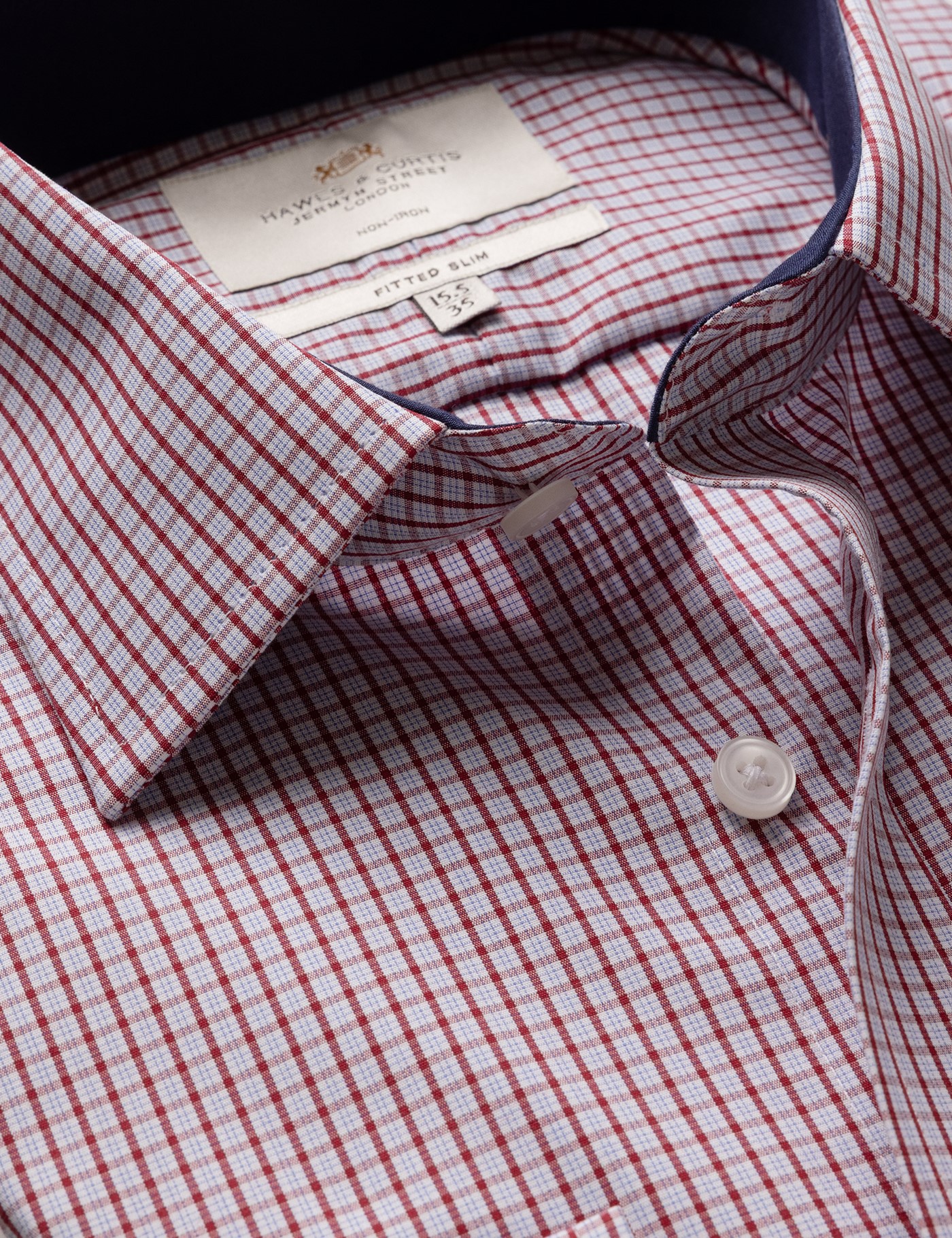 & Fitted Slim Red & Check Non Iron Shirt Contrast Detail 18" collar 37" sleeve