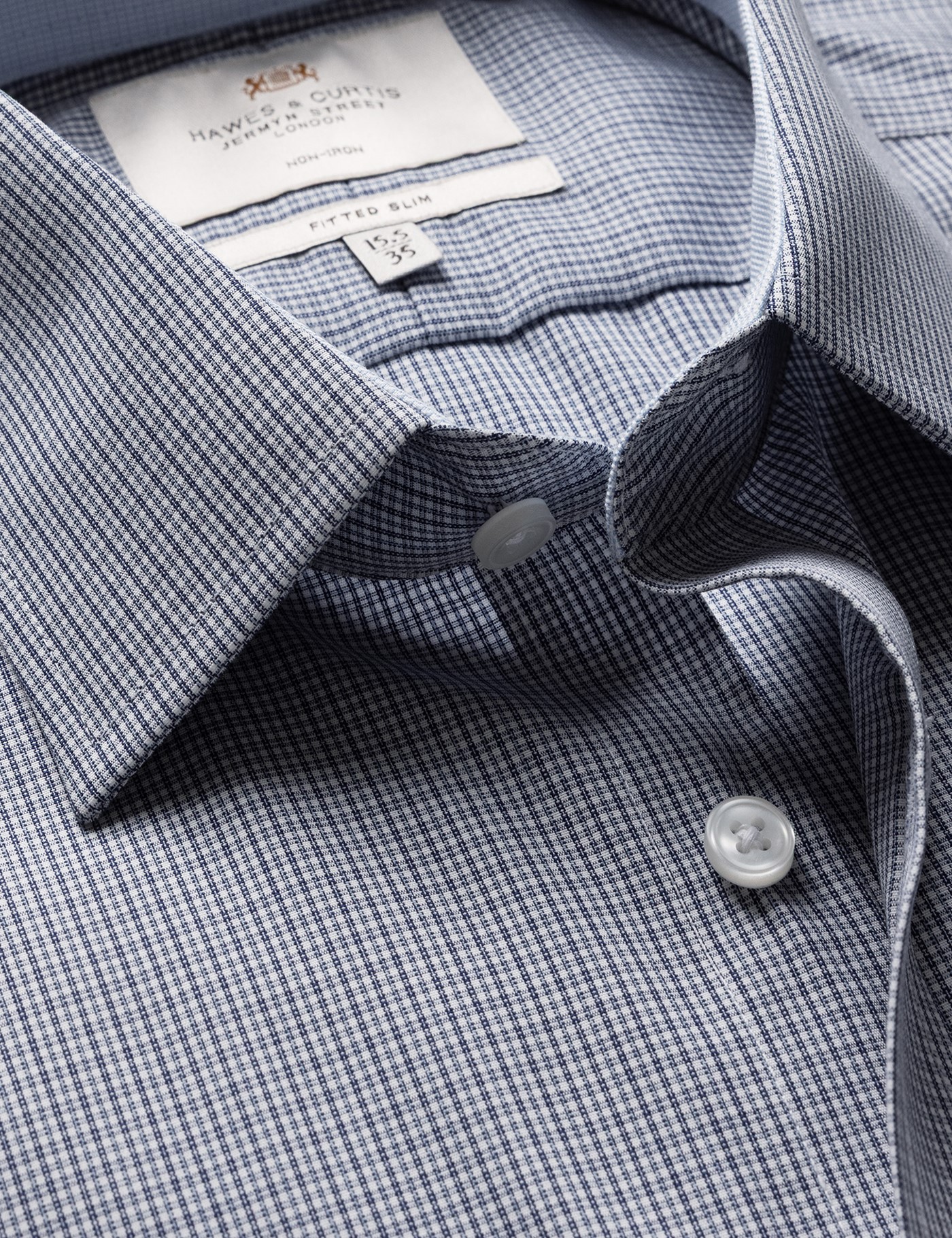 Hawes & Curtis Fitted Slim Navy & White Small Check Non-Iron Shirt | Contrast Detail Size: 15.5" collar, 36" sleeve