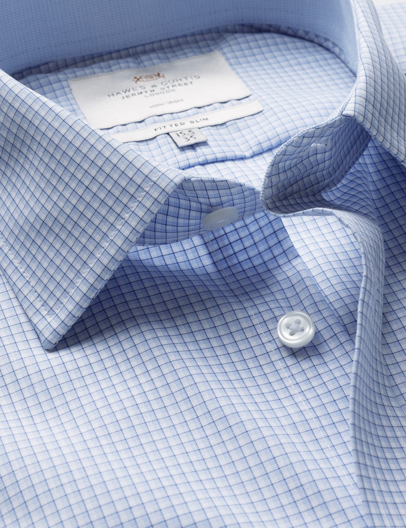 & Fitted Slim & Blue Check Non Iron Shirt Contrast Detail 15.5" collar 34" sleeve