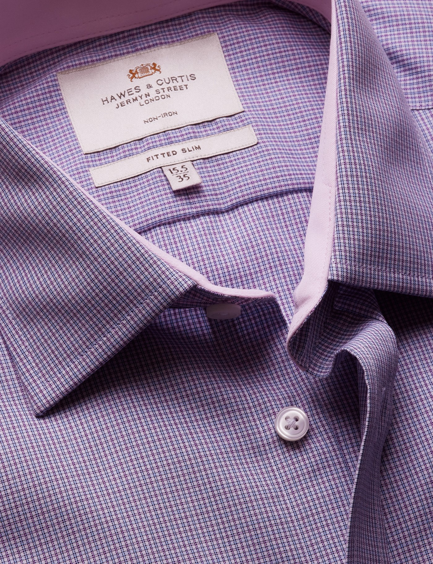 Hawes & Curtis Fitted Slim Blue & Purple Check Non-Iron Shirt | Contrast Detail Size: 15" collar, 35" sleeve
