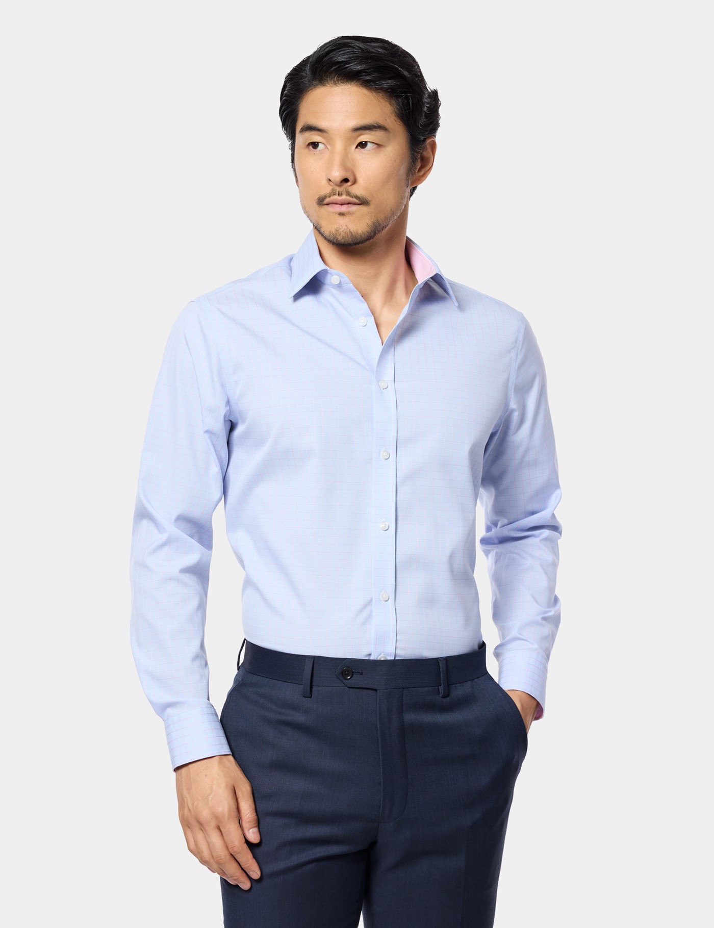 Hawes & Curtis Fitted Slim Blue & Pink Windowpane Check Non-Iron Shirt | Contrast Detail Size: 16" collar, 36" sleeve