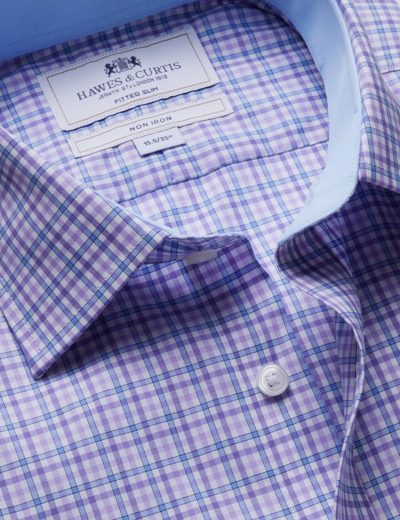 Hawes & Curtis Fitted Slim Blue & Purple Check Non-Iron Shirt | Contrast Detail Size: 15" collar, 35" sleeve