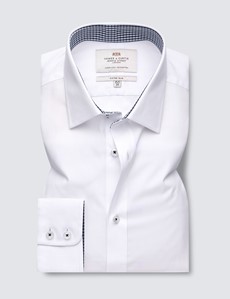 Easy Iron White Poplin Fitted Slim Shirt With Semi Cutaway Collar - Single Cuffs
