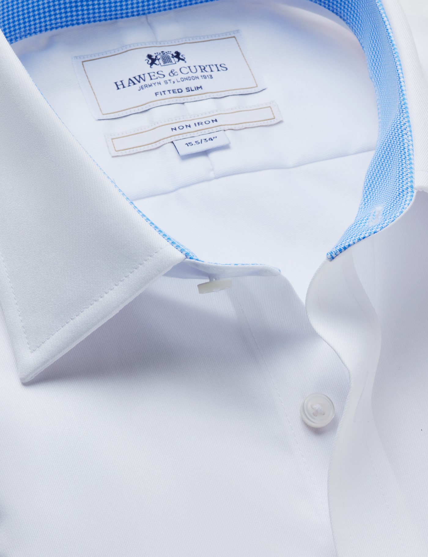 Hawes & Curtis Fitted Slim White Twill Non-Iron Shirt | Contrast Detail Size: 15.5" collar, 36" sleeve