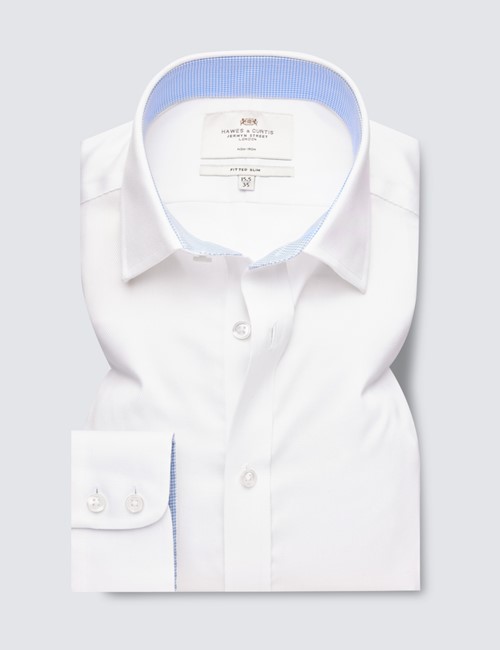 Non Iron White Pique Fitted Slim Fit Shirt With Contrast Detail - Single Cuffs