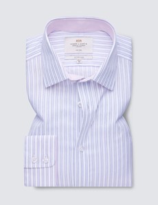 Men's Dress Pink & White Stripe Fitted Slim Shirt with Contrast Detail - Single Cuff - Non Iron
