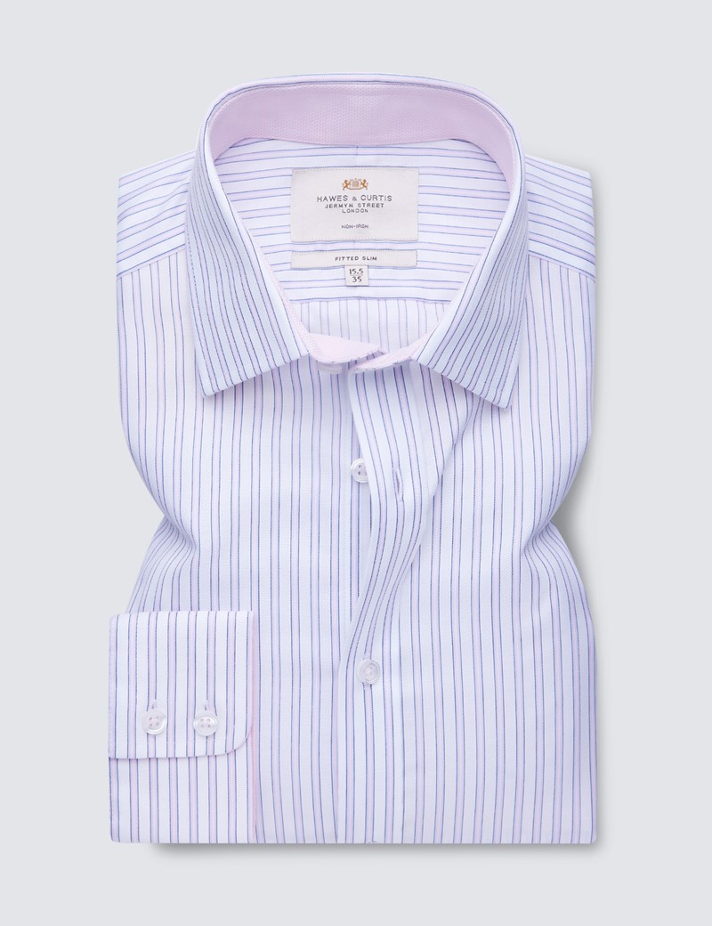 Men's Formal Pink & White Stripe Fitted Slim Shirt with Contrast Detail - Single Cuff - Non Iron