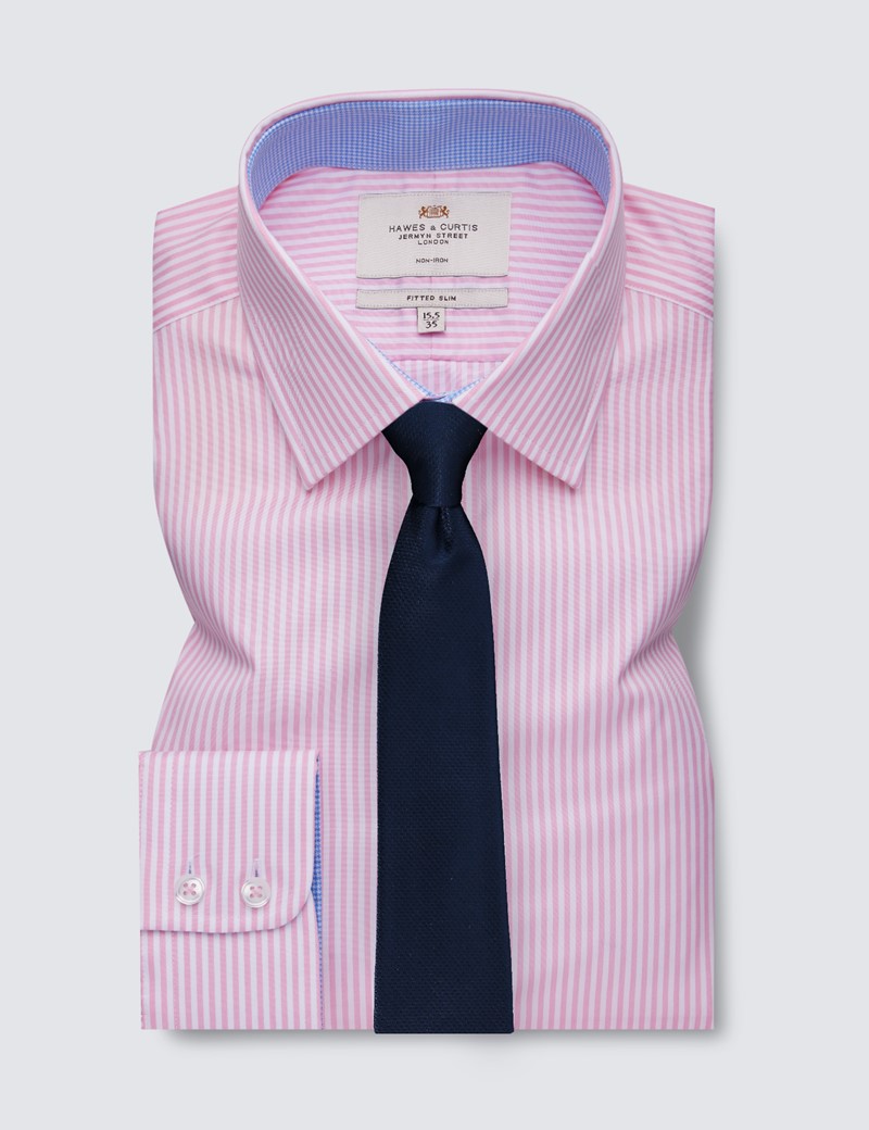  Non Iron Pink & White Stripe Fitted Slim Shirt with Contrast Detail - Single Cuff