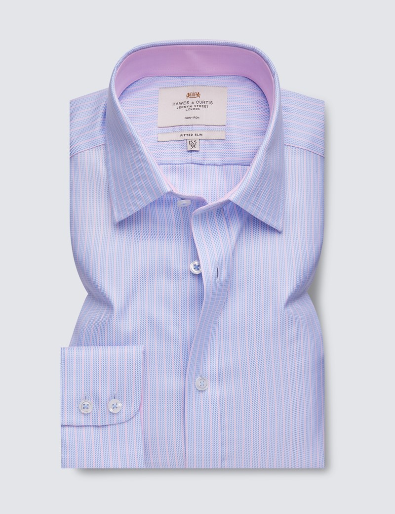  Non Iron Blue & Pink Multi Stripe Fitted Slim Shirt With Contrast Detail - Single Cuffs