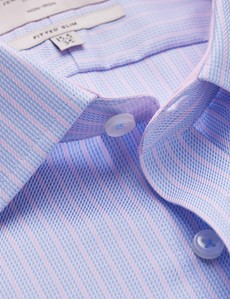  Non Iron Blue & Pink Multi Stripe Fitted Slim Shirt With Contrast Detail - Single Cuffs