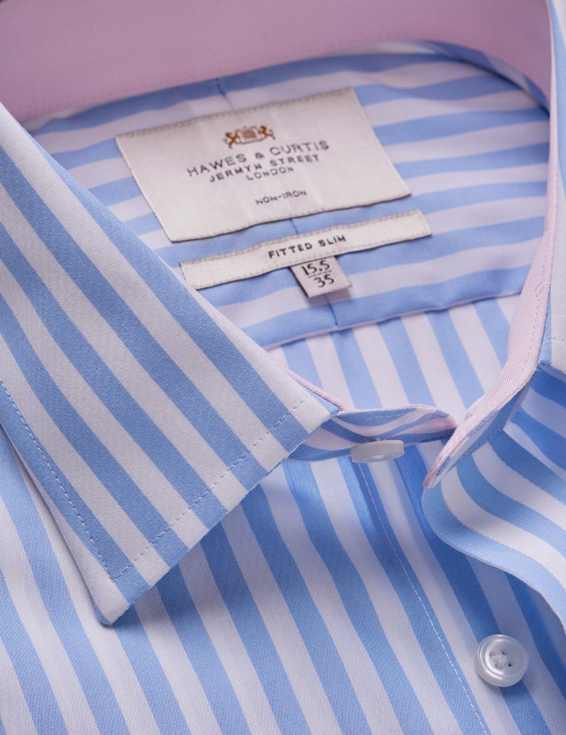 Non-Iron Blue & White Bold Stripe Fitted Slim Shirt With Contrast Detail