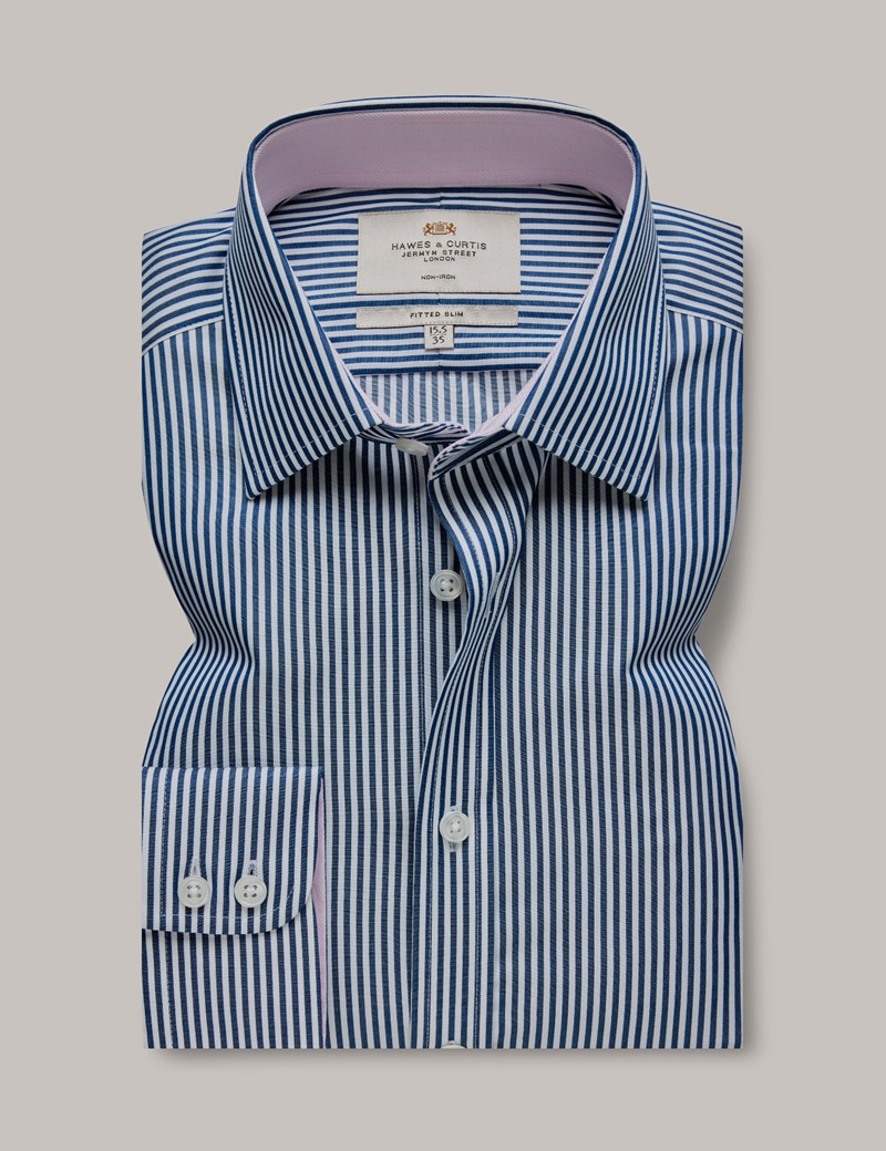 Men's Non-Iron Navy & White Bengal Stripe Fitted Slim Shirt With ...