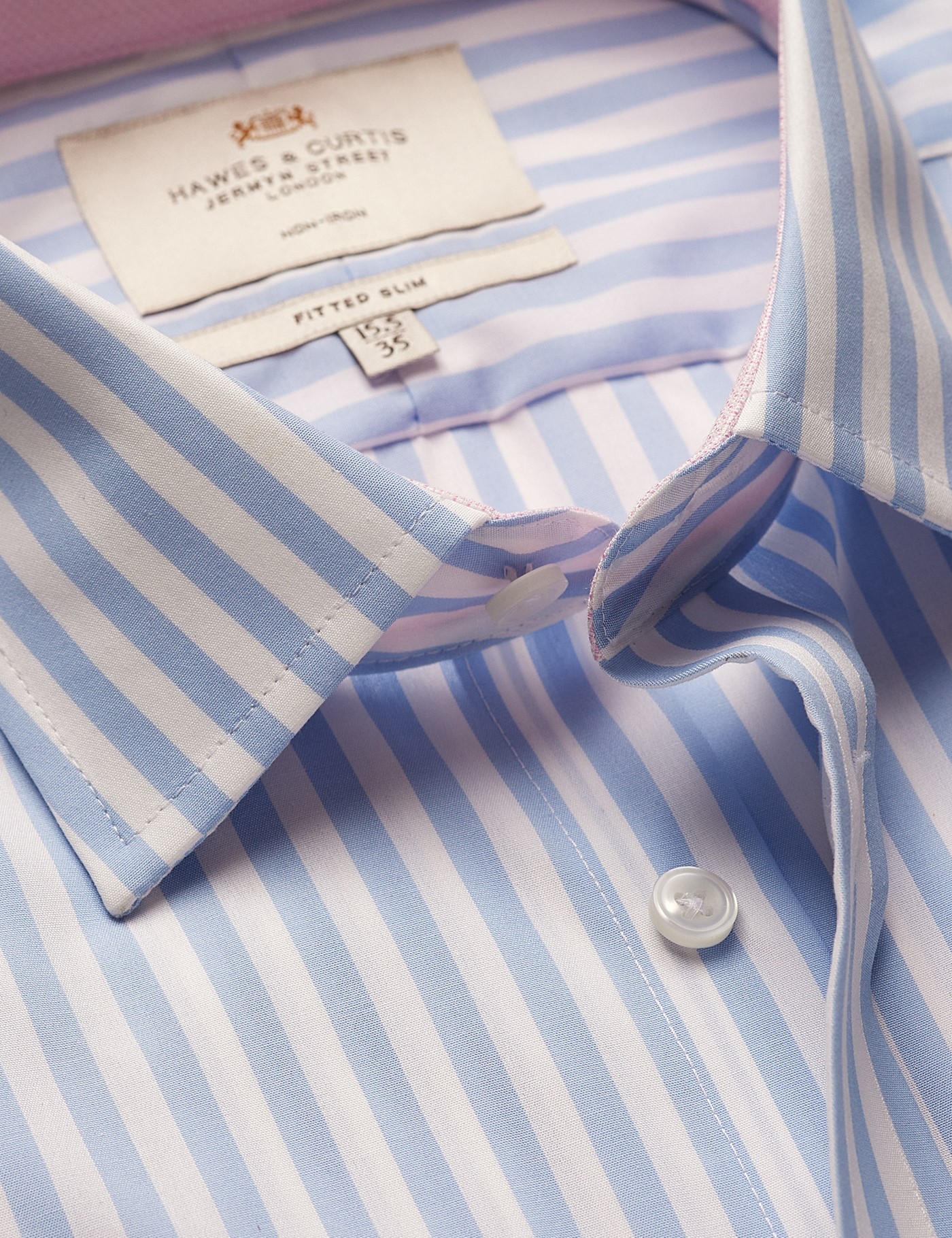 Hawes & Curtis Fitted Slim Blue & White Bold Stripe Non-Iron Shirt | Contrast Detail Size: 16" collar, 36" sleeve