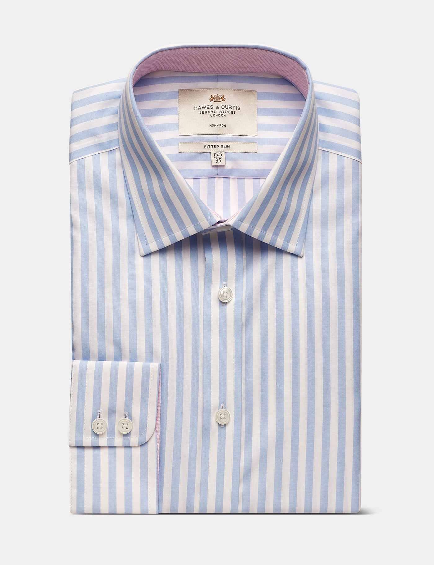 Hawes & Curtis Fitted Slim Blue & White Bold Stripe Non-Iron Shirt | Contrast Detail Size: 16" collar, 36" sleeve image 3