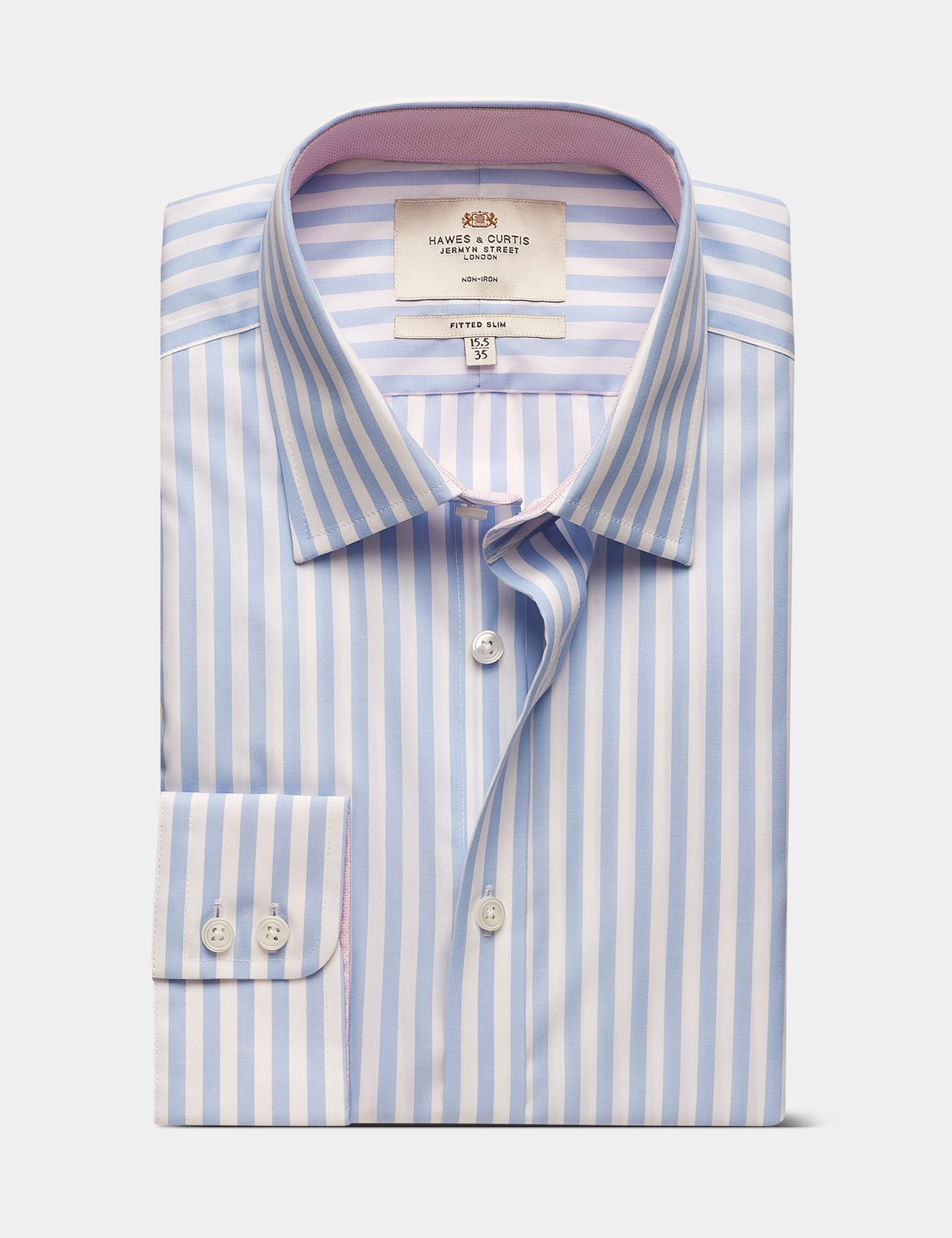 Hawes & Curtis Fitted Slim Blue & White Bold Stripe Non-Iron Shirt | Contrast Detail Size: 16" collar, 36" sleeve image 2