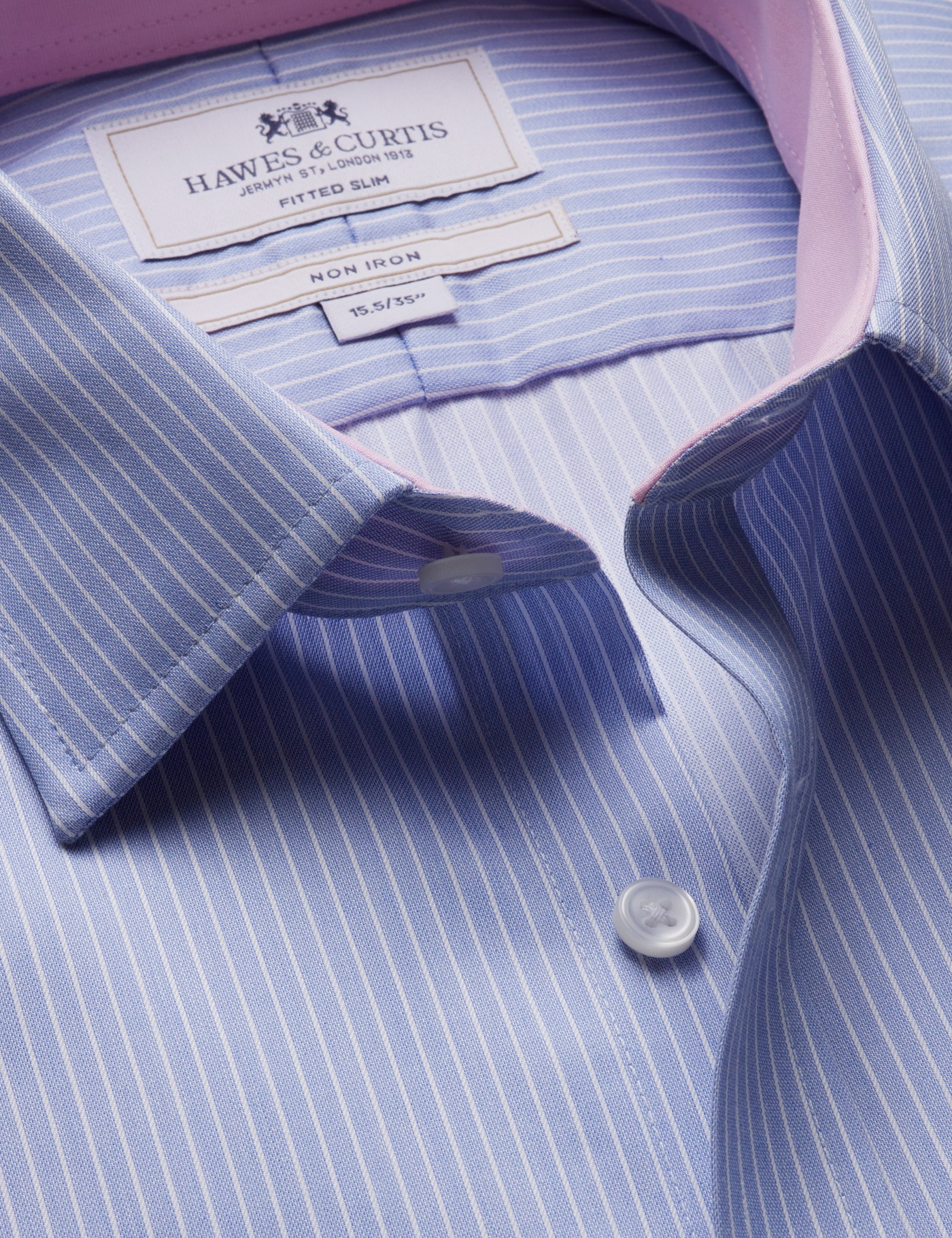 Hawes & Curtis Fitted Slim Blue & White Bi Stripe Non-Iron Shirt | Contrast Detail Size: 18" collar, 37" sleeve