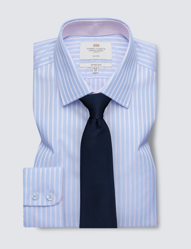 Non Iron Blue & Pink Multi Stripe Fitted Slim Shirt - Contrast Detail 