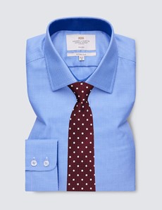 Non Iron Blue & White Fabric Interest Fitted Slim Shirt with Single Cuffs and Contrast Details