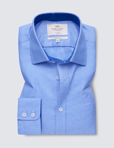 Non Iron Blue & White Fabric Interest Fitted Slim Shirt with Single Cuffs and Contrast Details