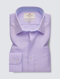 Non Iron Lilac Plain Fitted Slim Shirt With Semi Cutaway Collar - Single Cuffs