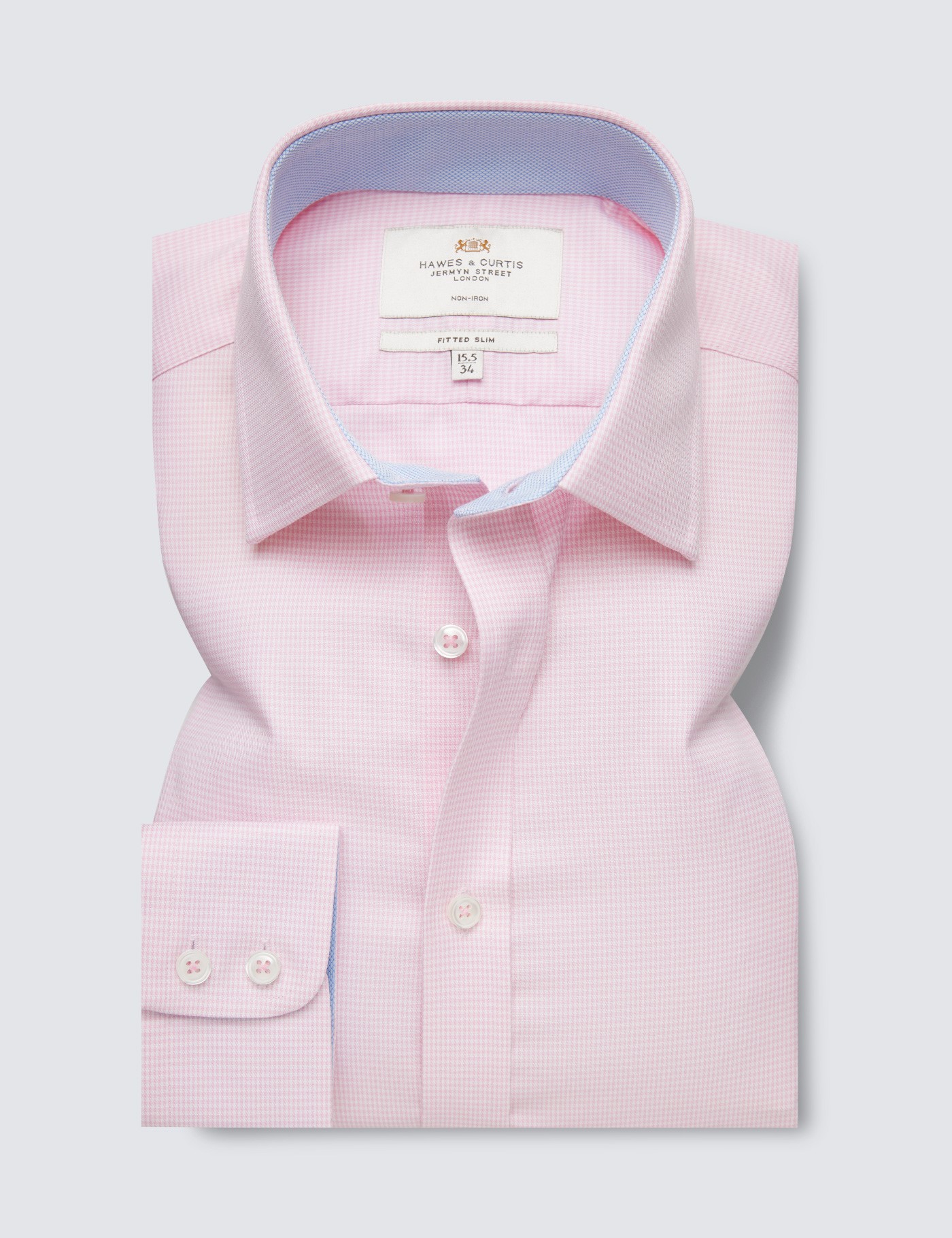 Hawes & Curtis Non Iron Pink & White Fabric Interest Dogstooth Fitted Slim Fit Shirt With Contrast Detail - Single Cuffs