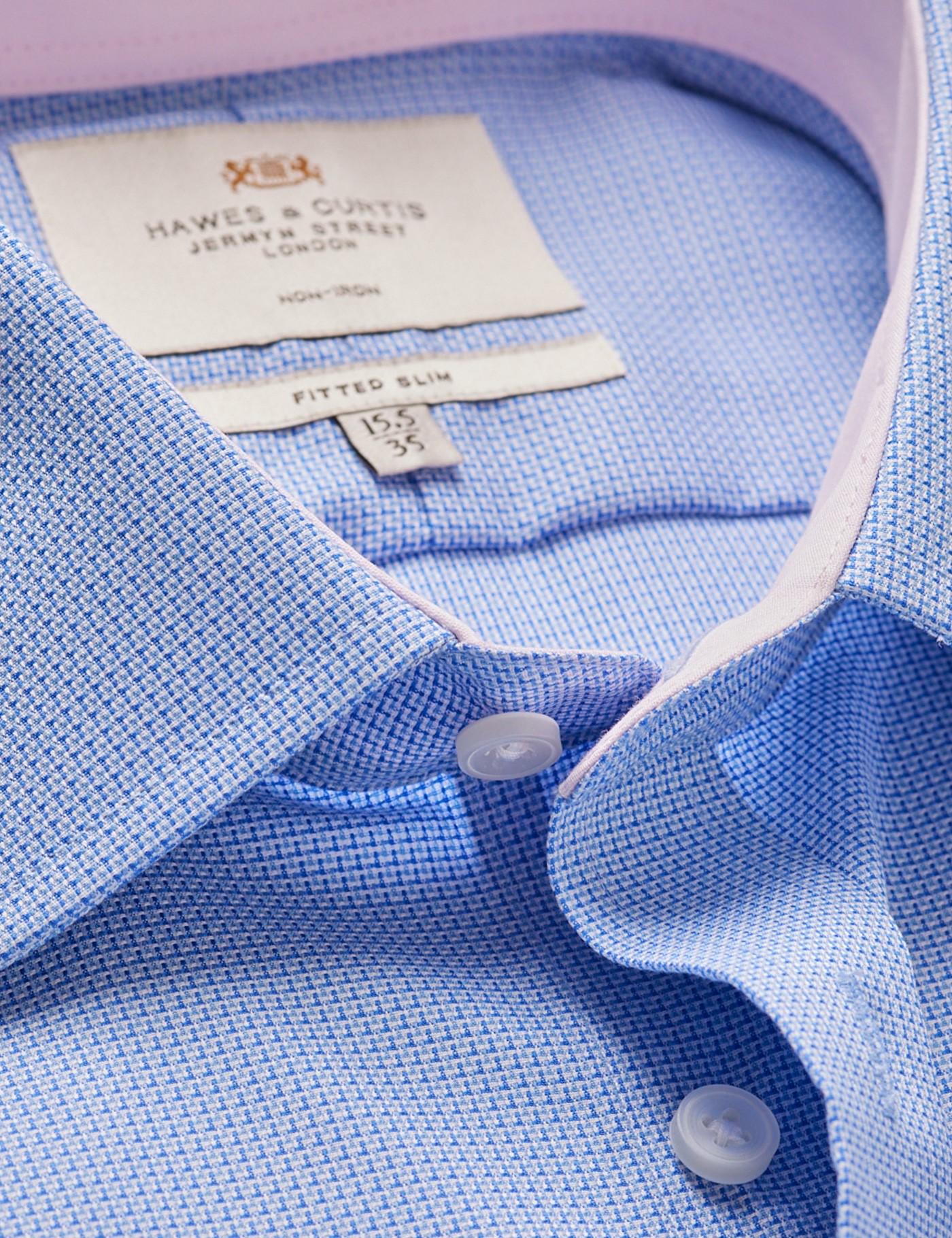 & Fitted Slim Blue & Textured Weave Non Iron Shirt Contrast Detail 16" collar 37" sleeve