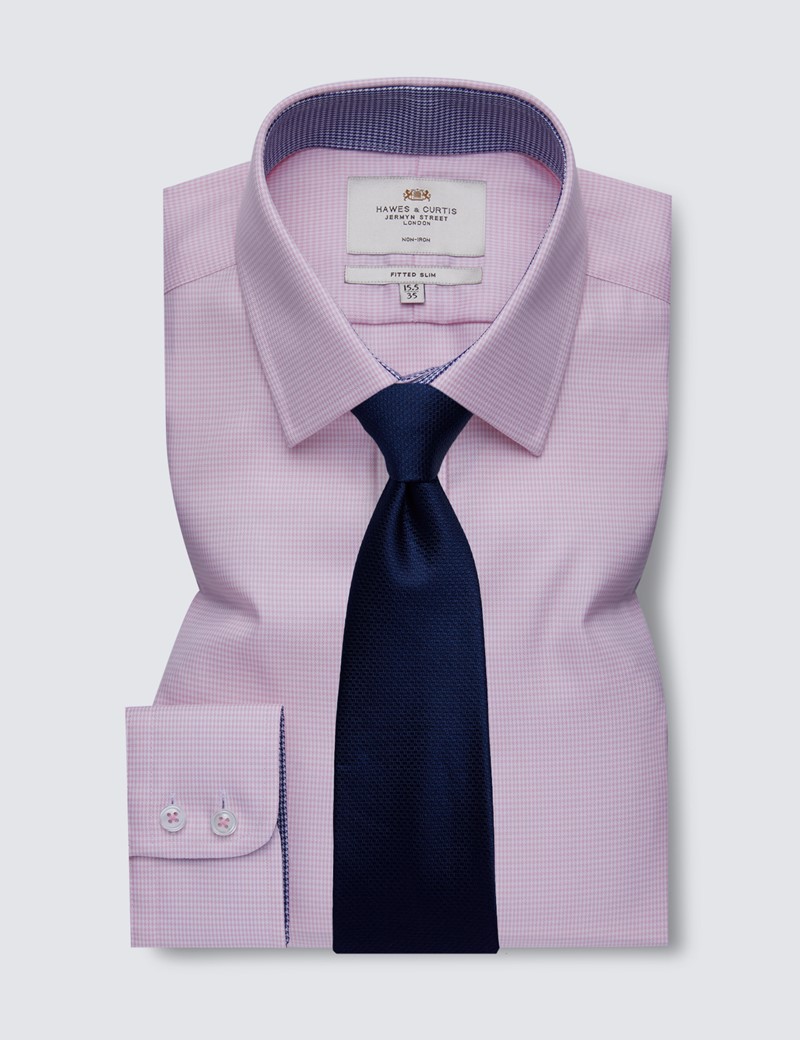 Non Iron Pink & White Dogstooth Fitted Slim Shirt - Semi Cutaway Collar