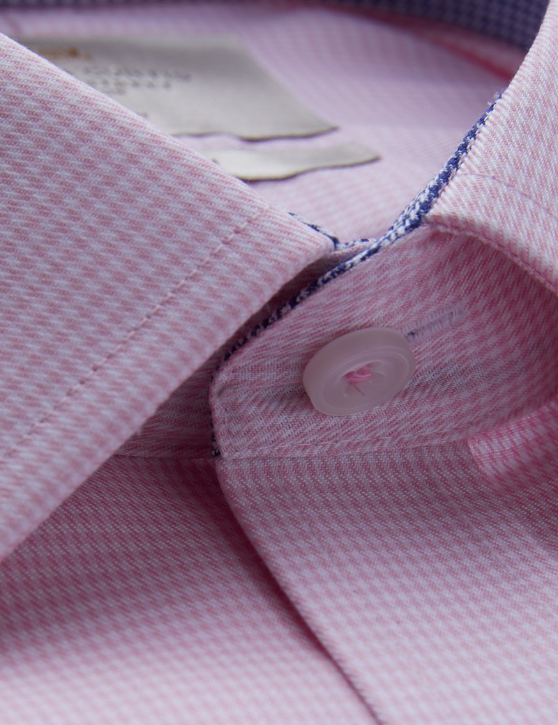 Non Iron Pink & White Dogstooth Fitted Slim Shirt - Semi Cutaway Collar