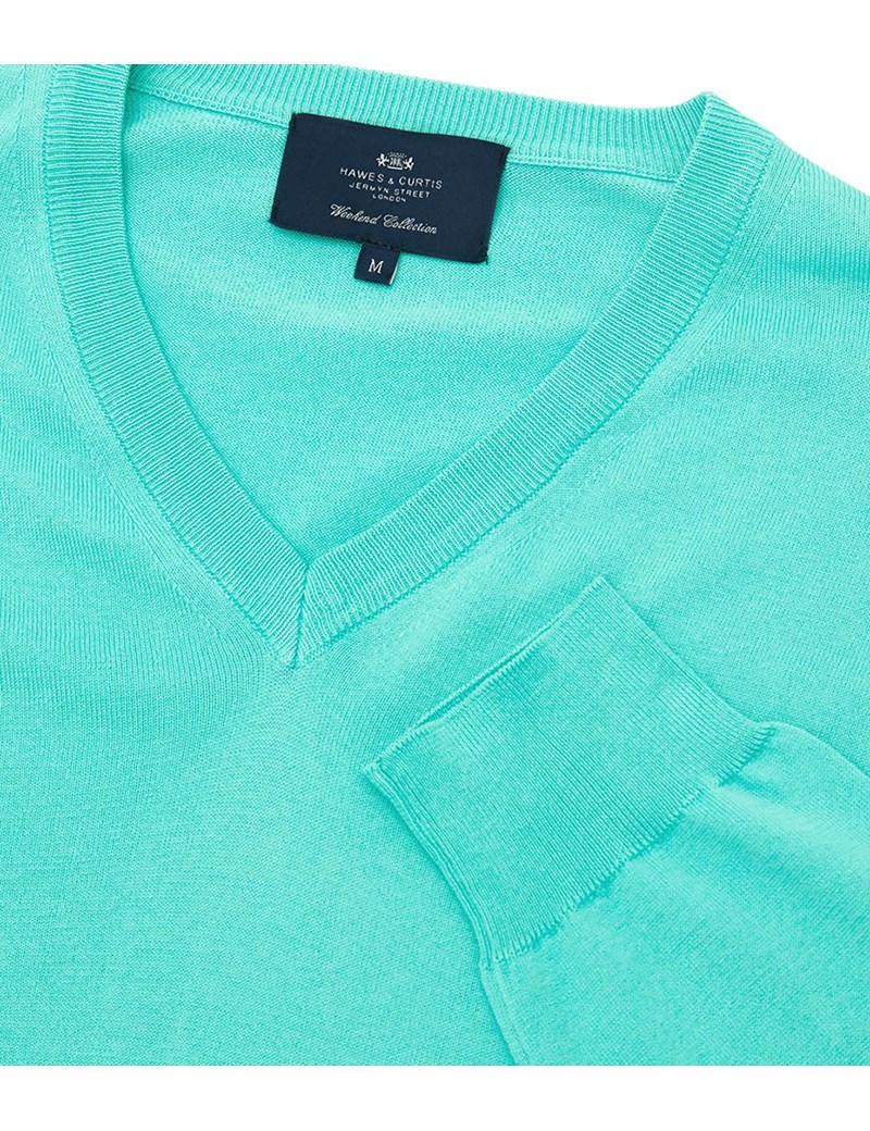 Men's Mint Green Garment Dye Pima Cotton V Neck Jumper Hawes & Curtis