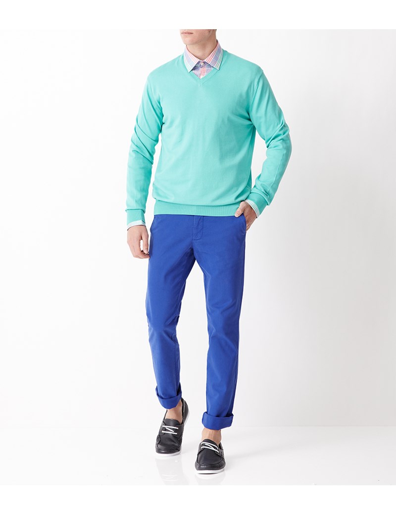 Men's Mint Green Garment Dye Pima Cotton V Neck Jumper Hawes & Curtis