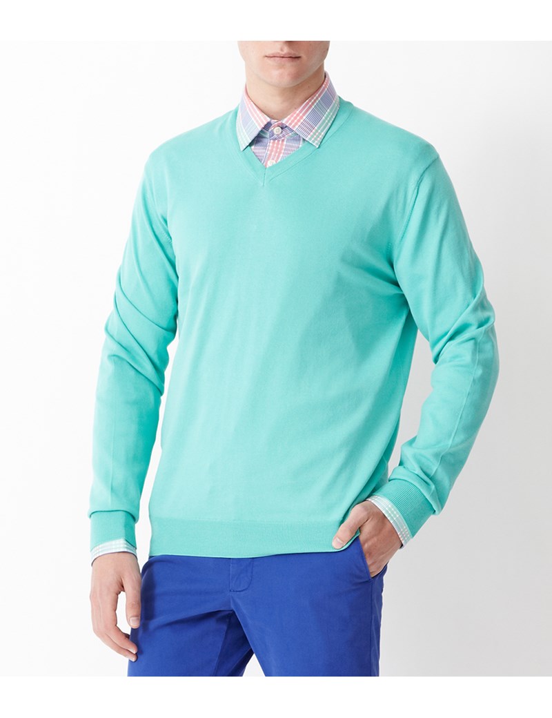 Men's Mint Green Garment Dye Pima Cotton V Neck Jumper Hawes & Curtis