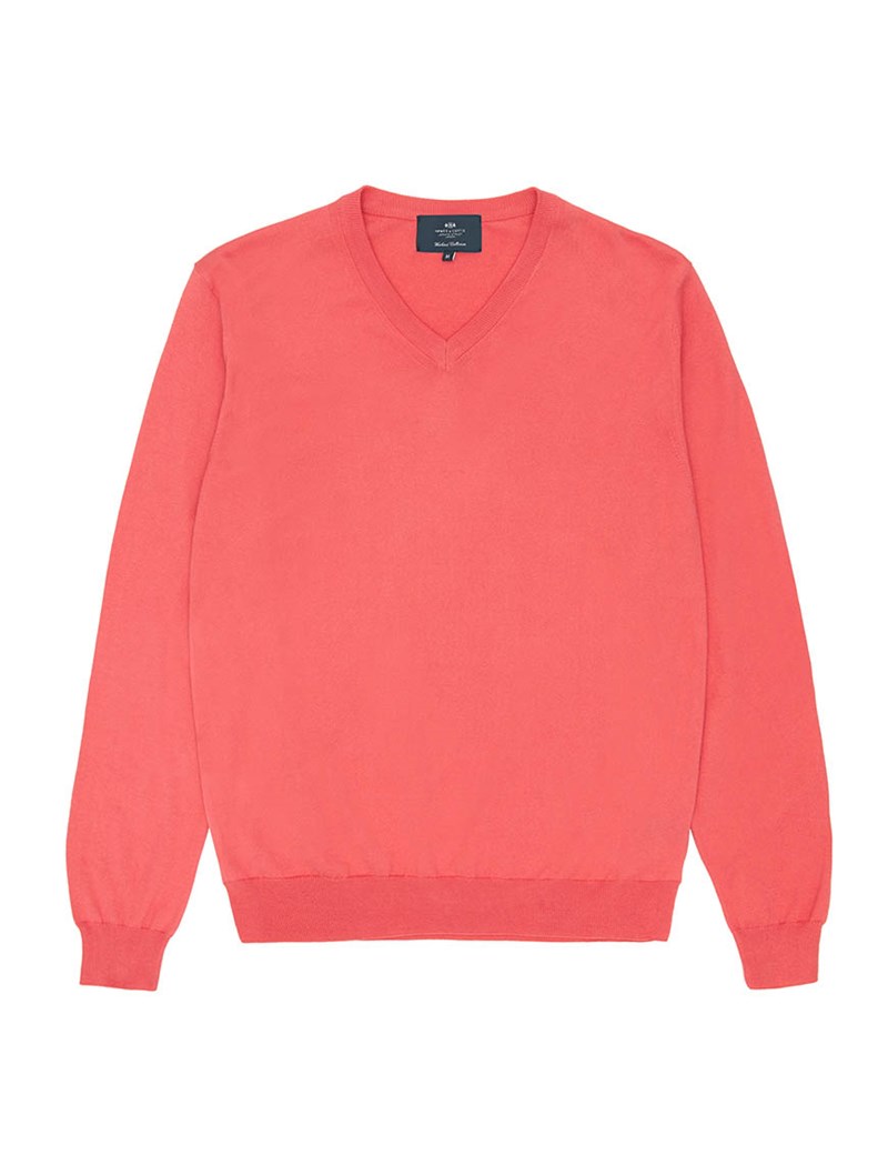 Men's Coral Garment Dye Pima Cotton V Neck Jumper | Hawes & Curtis
