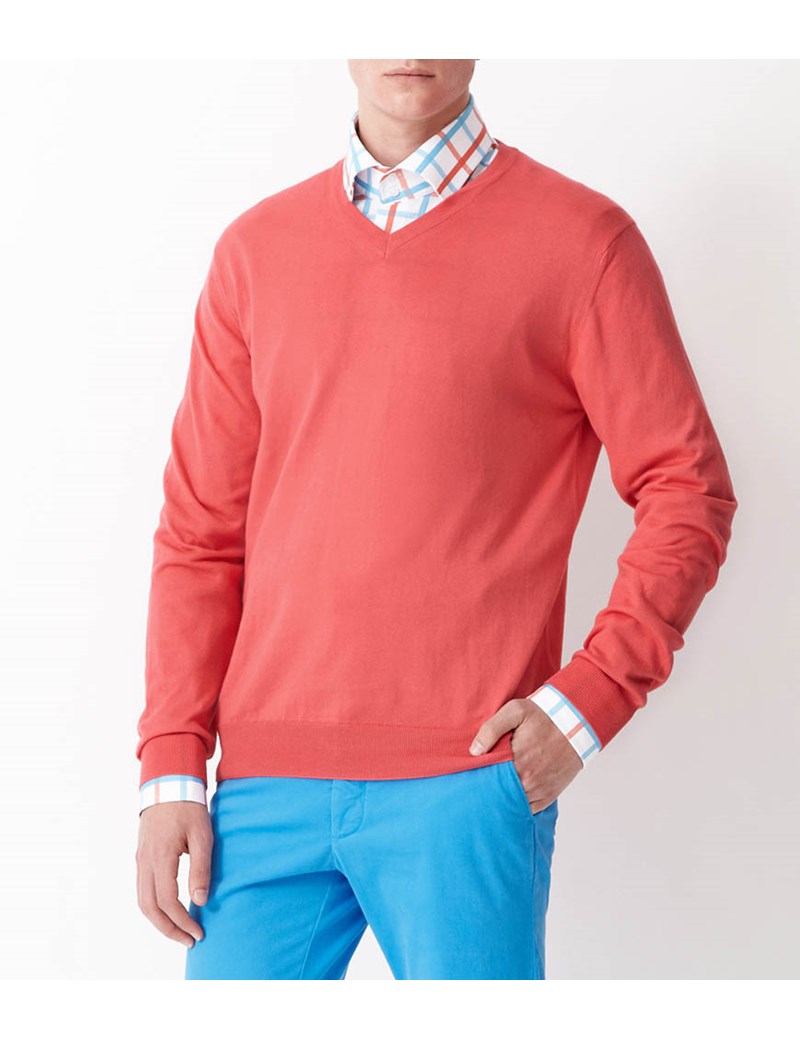 Men's Coral Garment Dye Pima Cotton V Neck Jumper Hawes & Curtis