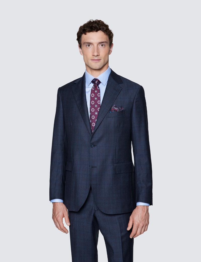 Men's Blue & Purple Prince Of Wales Check Tailored Fit Italian Suit Jacket - 1913 Collection