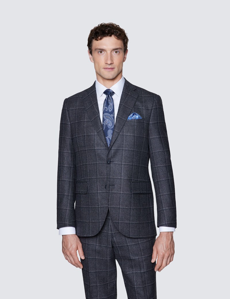 Men’s Dark Grey Windowpane Tailored Fit Check Italian Suit Jacket - 1913 Collection