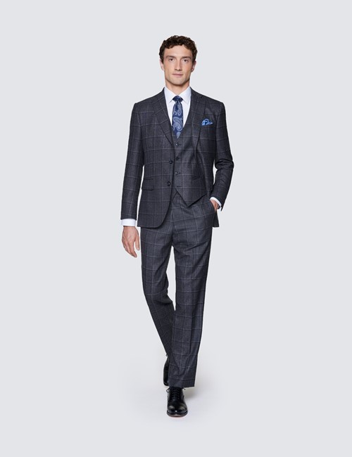 Men’s Dark Grey Windowpane Tailored Fit Check Italian Suit - 1913 Collection