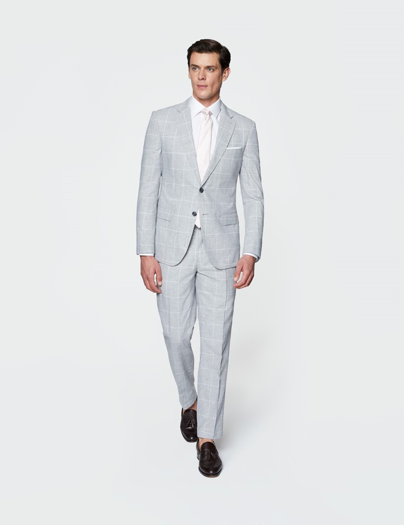 Anzug aus Leinen-Baumwolle Mix – Slim Fit – 2-Knopf Einreiher – Karo Grau