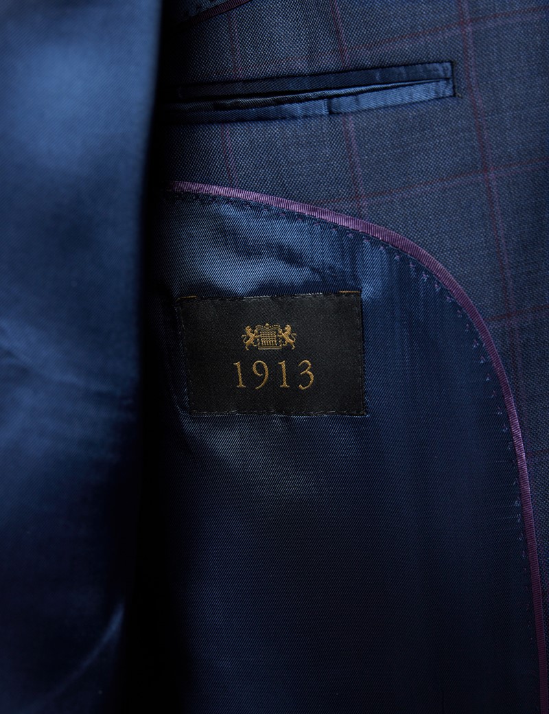 Men's Blue & Purple Windowpane Check Tailored Fit 3 Piece Suit - 1913 Collection