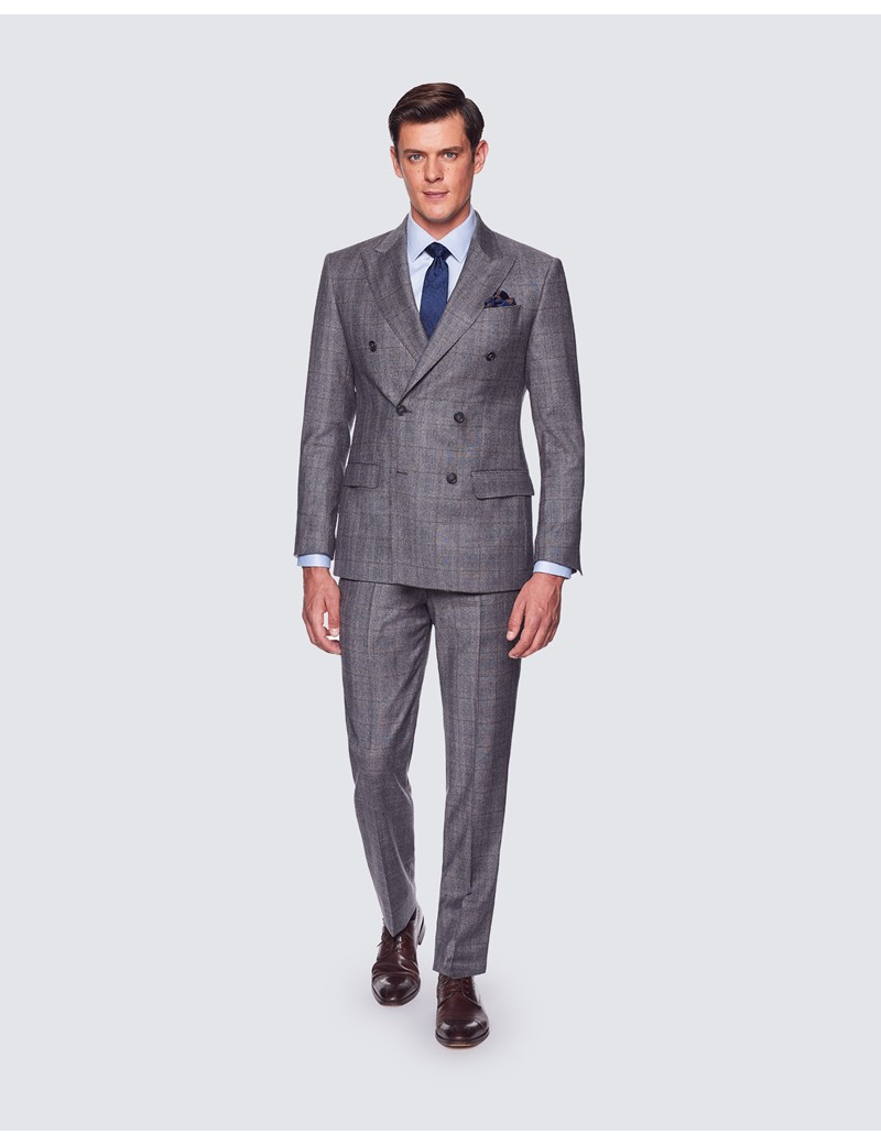 Mens Grey And Brown Prince Of Wales Check Tailored Fit Italian Flannel